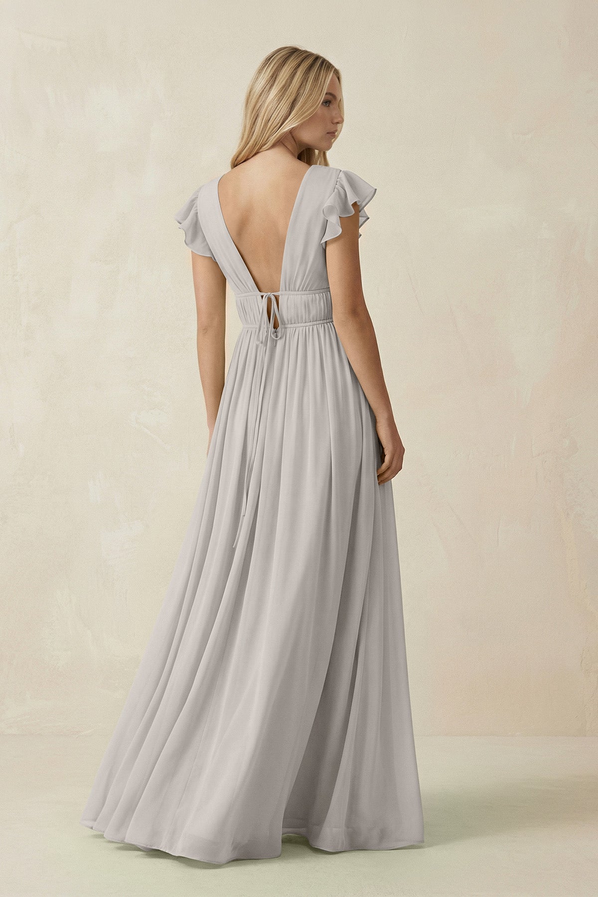 V - Neck A - Line Chiffon Cap Sleeves Bridesmaid Dress in Silver - SHE IS ME Bridesmaid Dresses