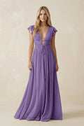 V - Neck A - Line Chiffon Cap Sleeves Bridesmaid Dress in Tahiti - SHE IS ME Bridesmaid Dresses