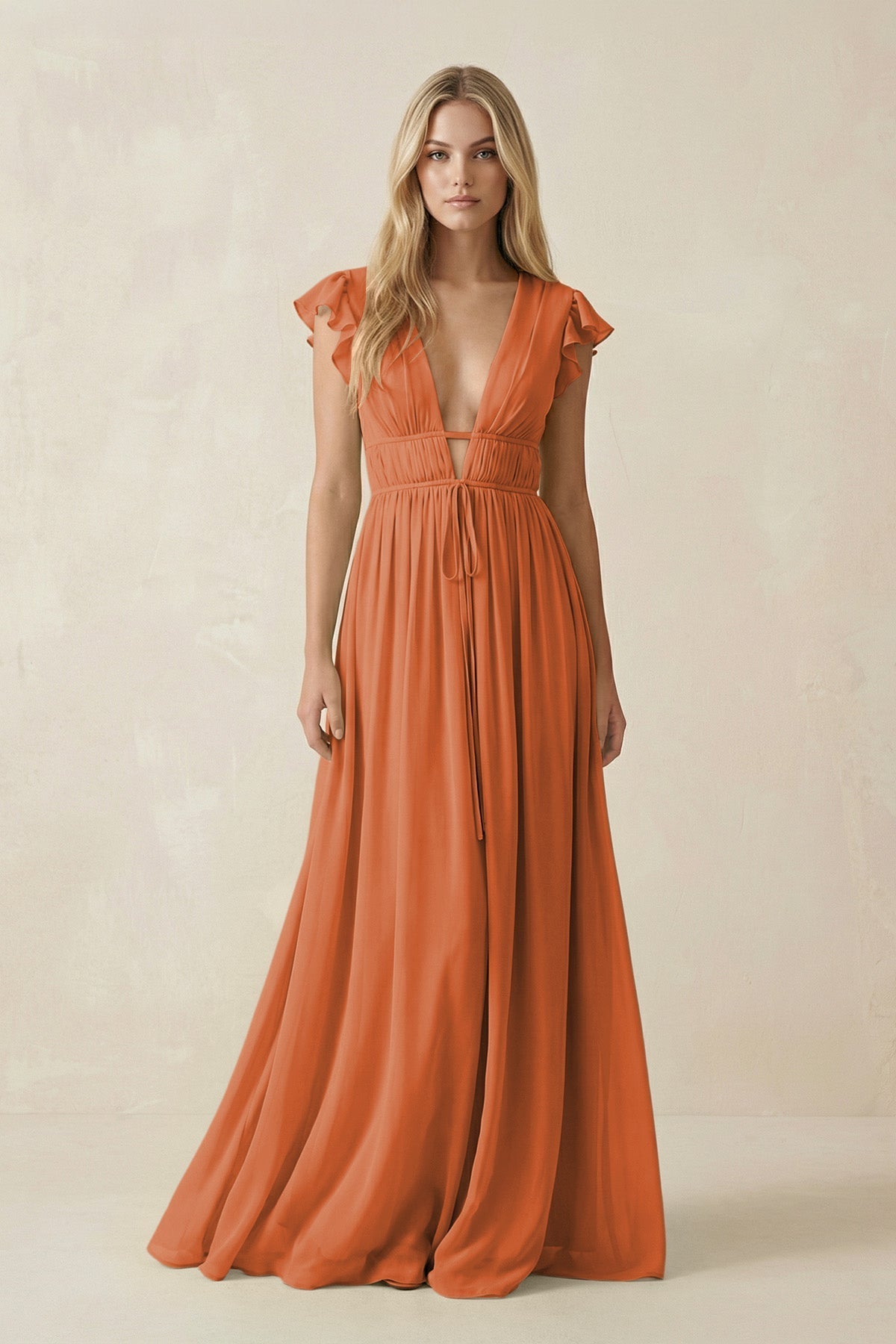 V - Neck A - Line Chiffon Cap Sleeves Bridesmaid Dress in Terracotta - SHE IS ME Bridesmaid Dresses