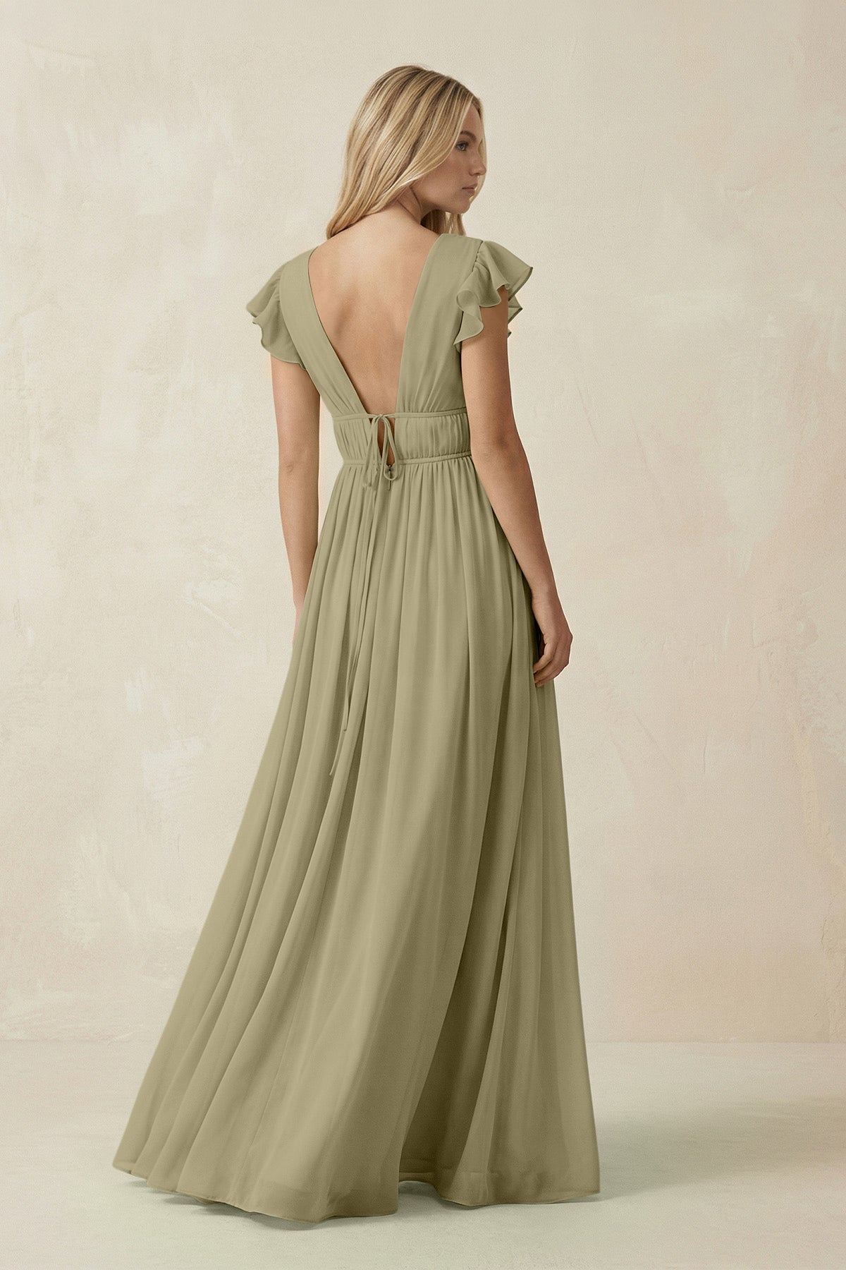 V - Neck A - Line Chiffon Cap Sleeves Bridesmaid Dress in Thyme - SHE IS ME Bridesmaid Dresses