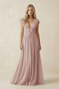 V - Neck A - Line Chiffon Cap Sleeves Bridesmaid Dress in Toffee - SHE IS ME Bridesmaid Dresses
