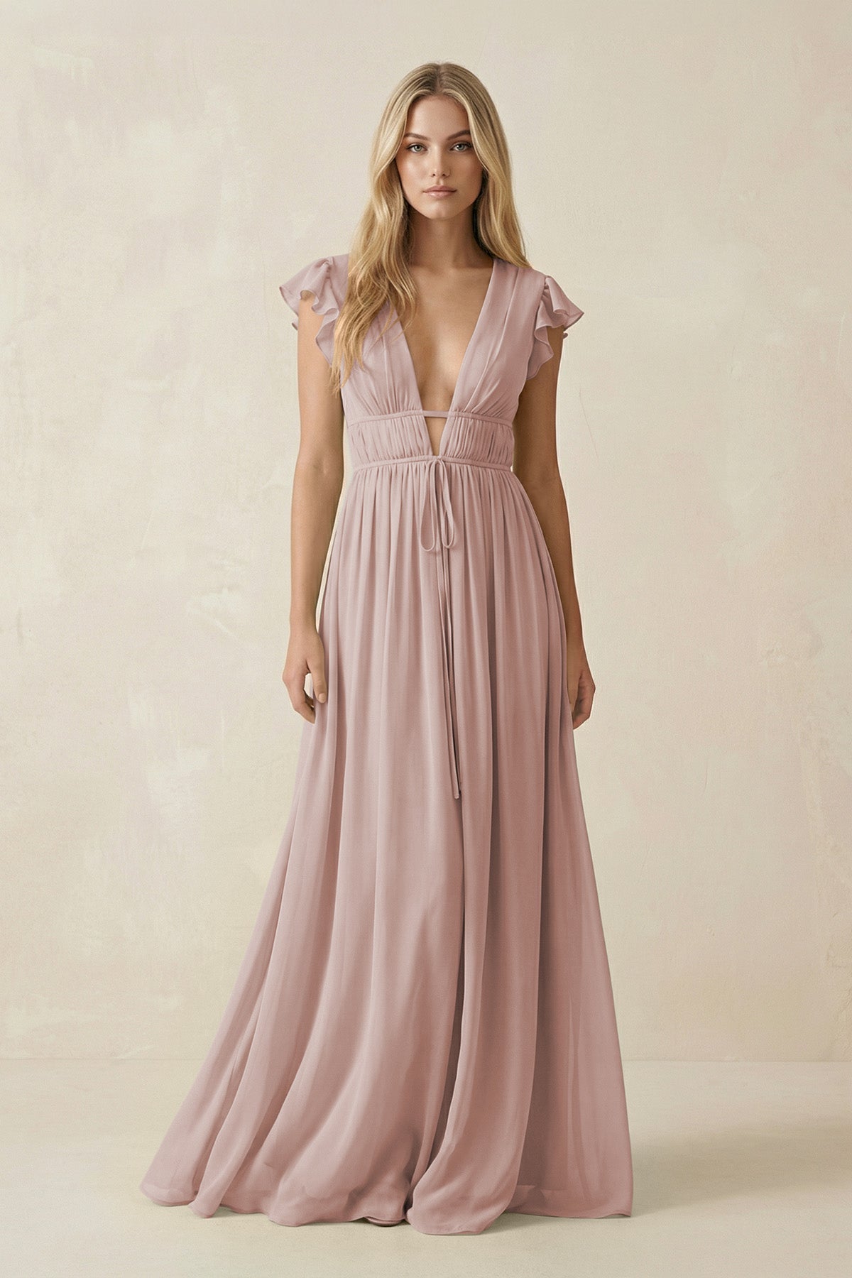 V - Neck A - Line Chiffon Cap Sleeves Bridesmaid Dress in Toffee - SHE IS ME Bridesmaid Dresses