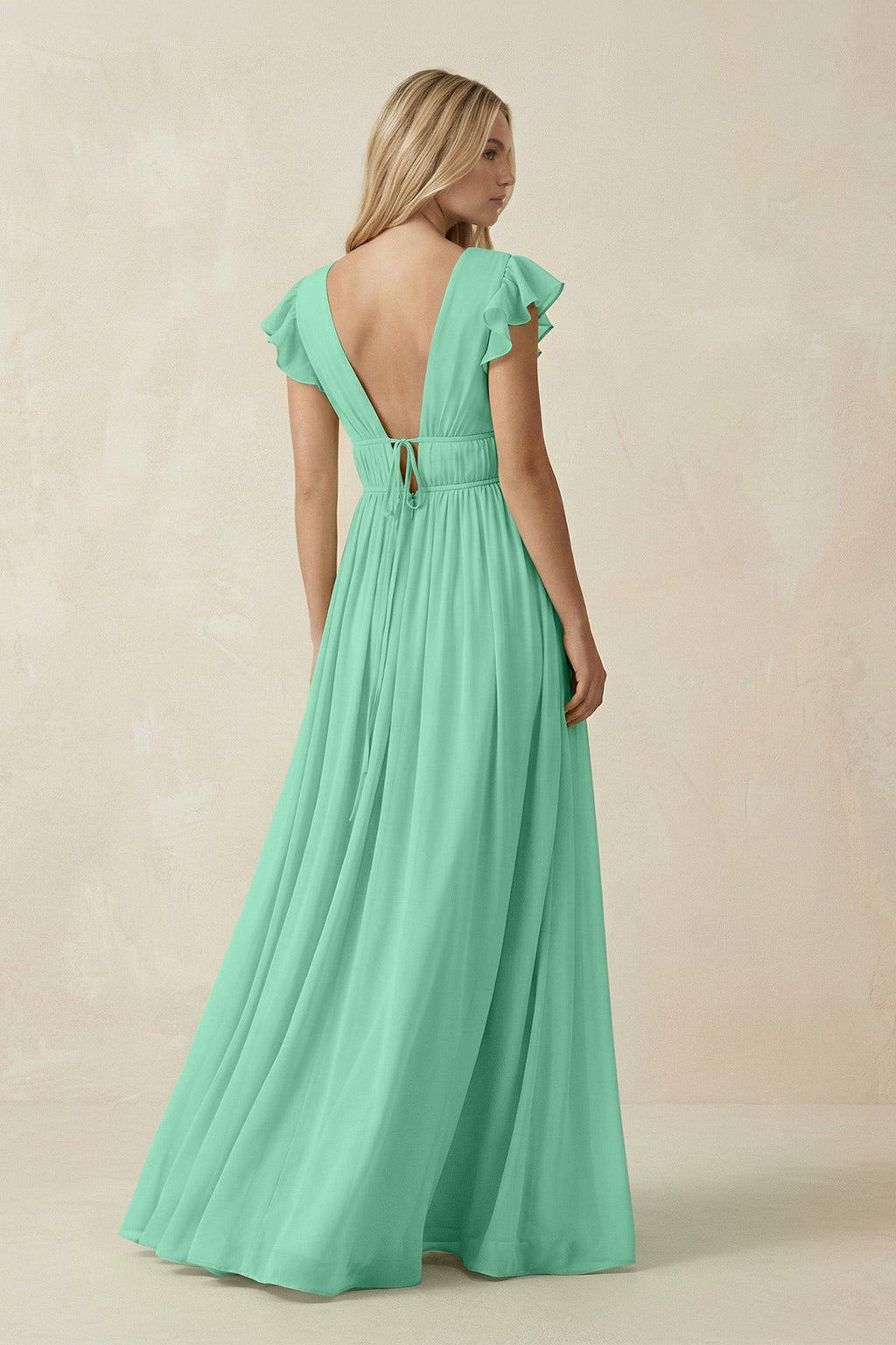 V - Neck A - Line Chiffon Cap Sleeves Bridesmaid Dress in Turquoise - SHE IS ME Bridesmaid Dresses