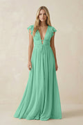 V - Neck A - Line Chiffon Cap Sleeves Bridesmaid Dress in Turquoise - SHE IS ME Bridesmaid Dresses