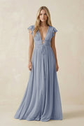 V - Neck A - Line Chiffon Cap Sleeves Bridesmaid Dress in Twilight - SHE IS ME Bridesmaid Dresses