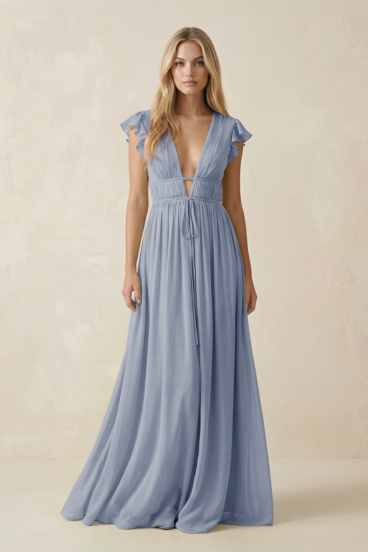 V - Neck A - Line Chiffon Cap Sleeves Bridesmaid Dress in Twilight - SHE IS ME Bridesmaid Dresses