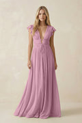 V - Neck A - Line Chiffon Cap Sleeves Bridesmaid Dress in Vintage Mauve - SHE IS ME Bridesmaid Dresses