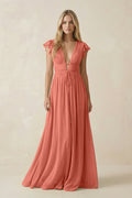 V - Neck A - Line Chiffon Cap Sleeves Bridesmaid Dress in Wild Rose - SHE IS ME Bridesmaid Dresses