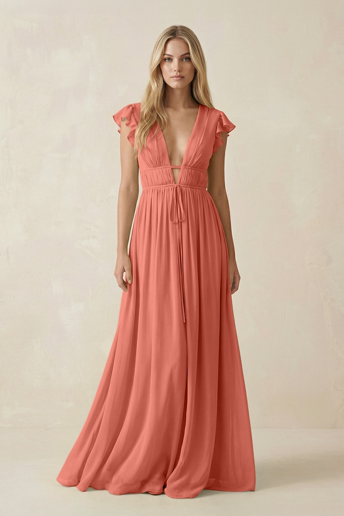 V - Neck A - Line Chiffon Cap Sleeves Bridesmaid Dress in Wild Rose - SHE IS ME Bridesmaid Dresses