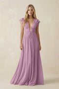 V - Neck A - Line Chiffon Cap Sleeves Bridesmaid Dress in Wisteria - SHE IS ME Bridesmaid Dresses