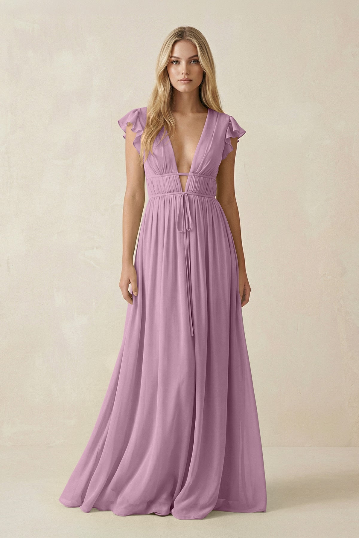 V - Neck A - Line Chiffon Cap Sleeves Bridesmaid Dress in Wisteria - SHE IS ME Bridesmaid Dresses