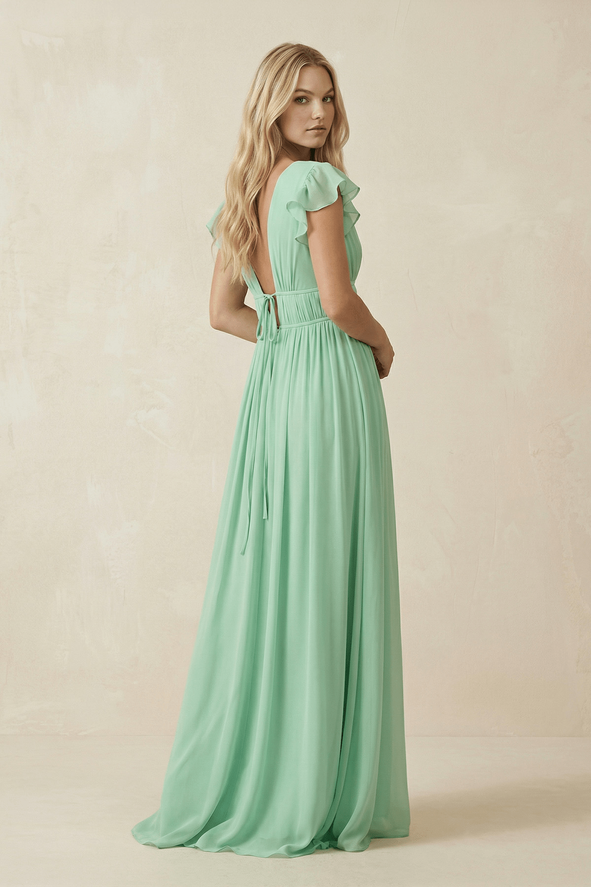 V - Neck A - Line Chiffon Cap Sleeves Long Bridesmaid Dress - SHE IS ME Bridesmaid Dresses