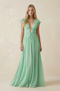 V - Neck A - Line Chiffon Cap Sleeves Long Bridesmaid Dress - SHE IS ME Bridesmaid Dresses