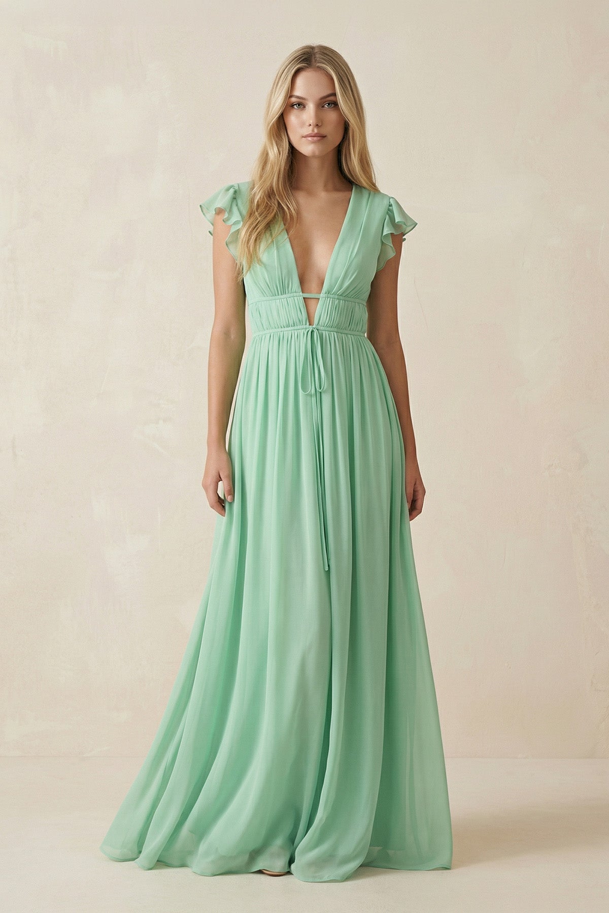 V - Neck A - Line Chiffon Cap Sleeves Long Bridesmaid Dress - SHE IS ME Bridesmaid Dresses