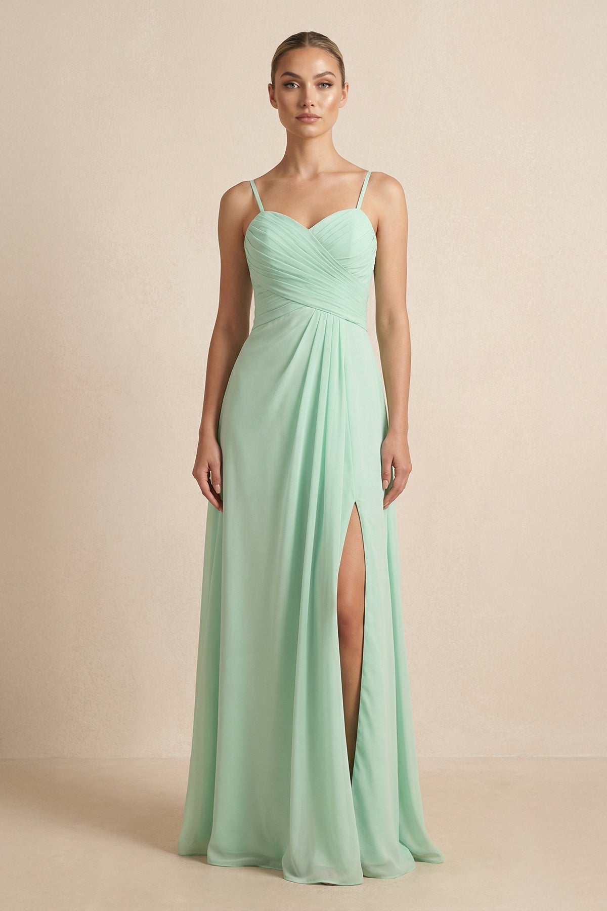 V-Neck A-Line Chiffon Pleated Bridesmaid Dress in Pale Pistachio - SHE IS ME BRIDESMAID DRESSES