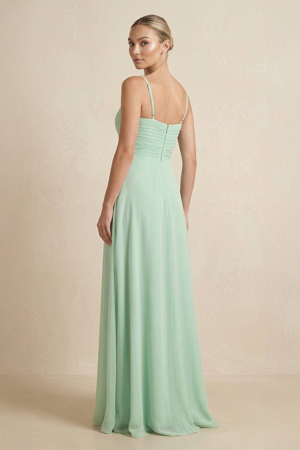 V-Neck A-Line Chiffon Pleated Bridesmaid Dress in Pale Pistachio - SHE IS ME BRIDESMAID DRESSES