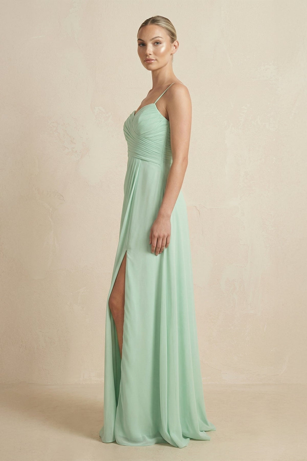 V-Neck A-Line Chiffon Pleated Bridesmaid Dress in Pale Pistachio - SHE IS ME BRIDESMAID DRESSES