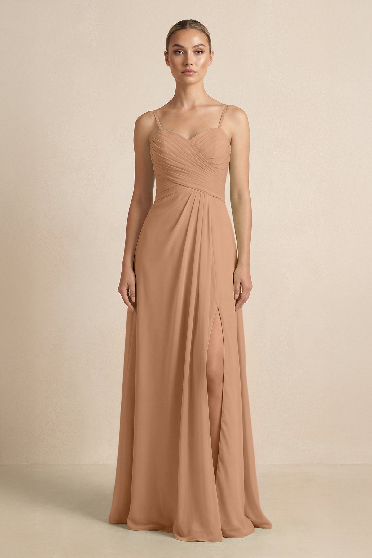 V - Neck A - Line Chiffon Pleated Bridesmaid Dress in Bronzer - SHE IS ME Bridesmaid Dresses