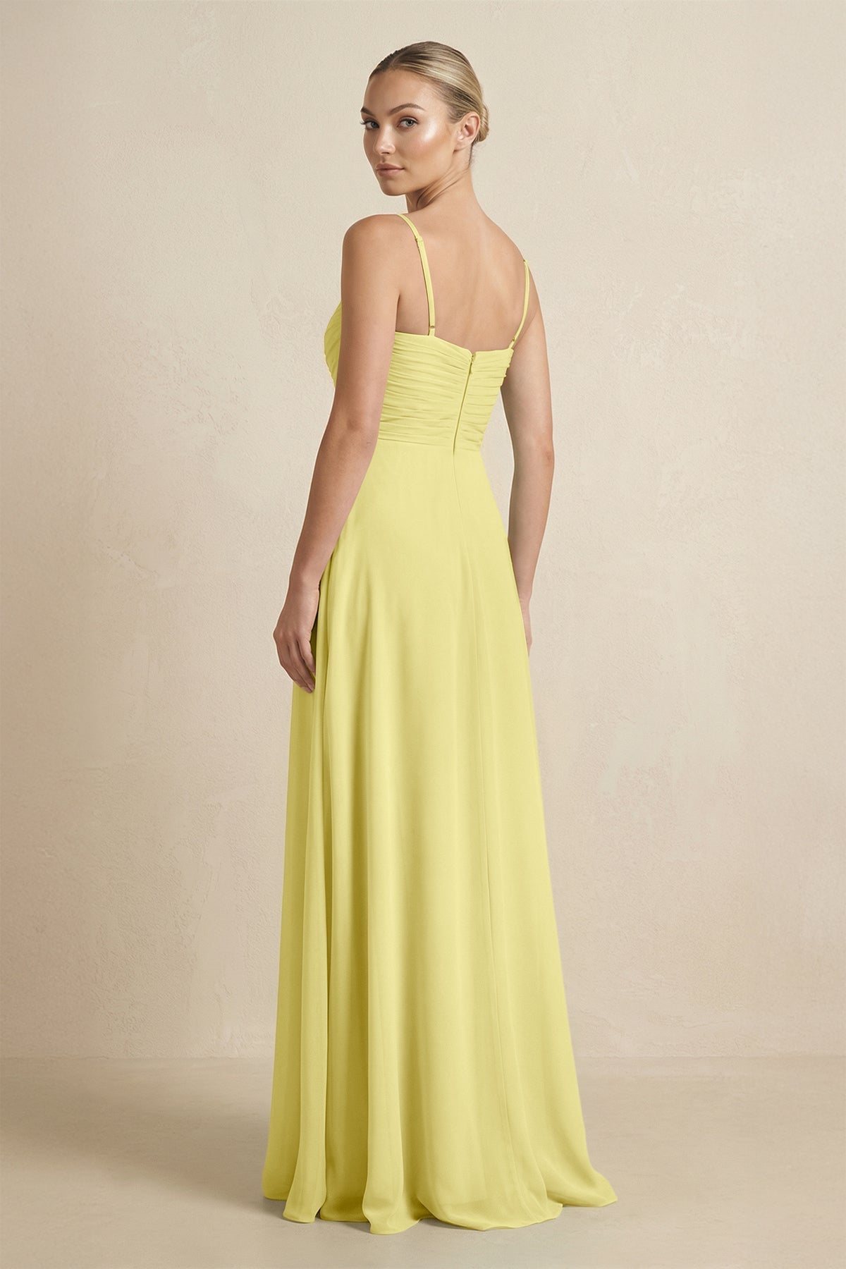 V - Neck A - Line Chiffon Pleated Bridesmaid Dress in Buttercup - SHE IS ME Bridesmaid Dresses