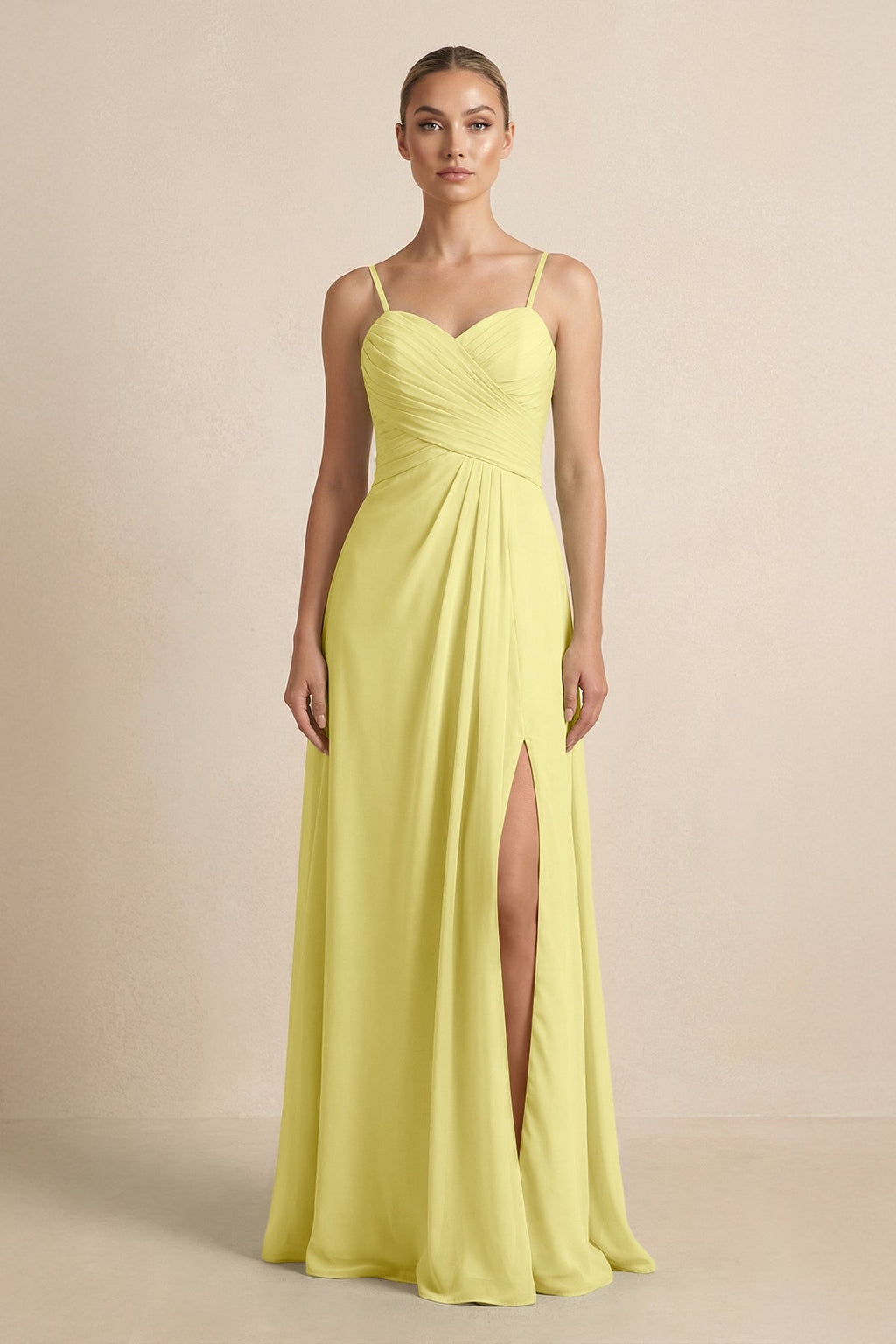 V - Neck A - Line Chiffon Pleated Bridesmaid Dress in Buttercup - SHE IS ME Bridesmaid Dresses
