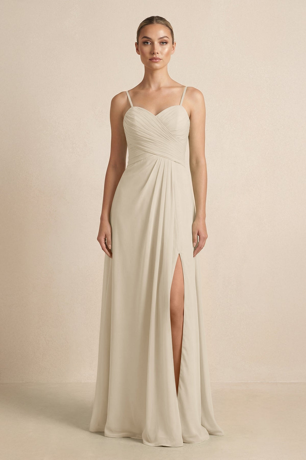 V - Neck A - Line Chiffon Pleated Bridesmaid Dress in Champagne - SHE IS ME Bridesmaid Dresses