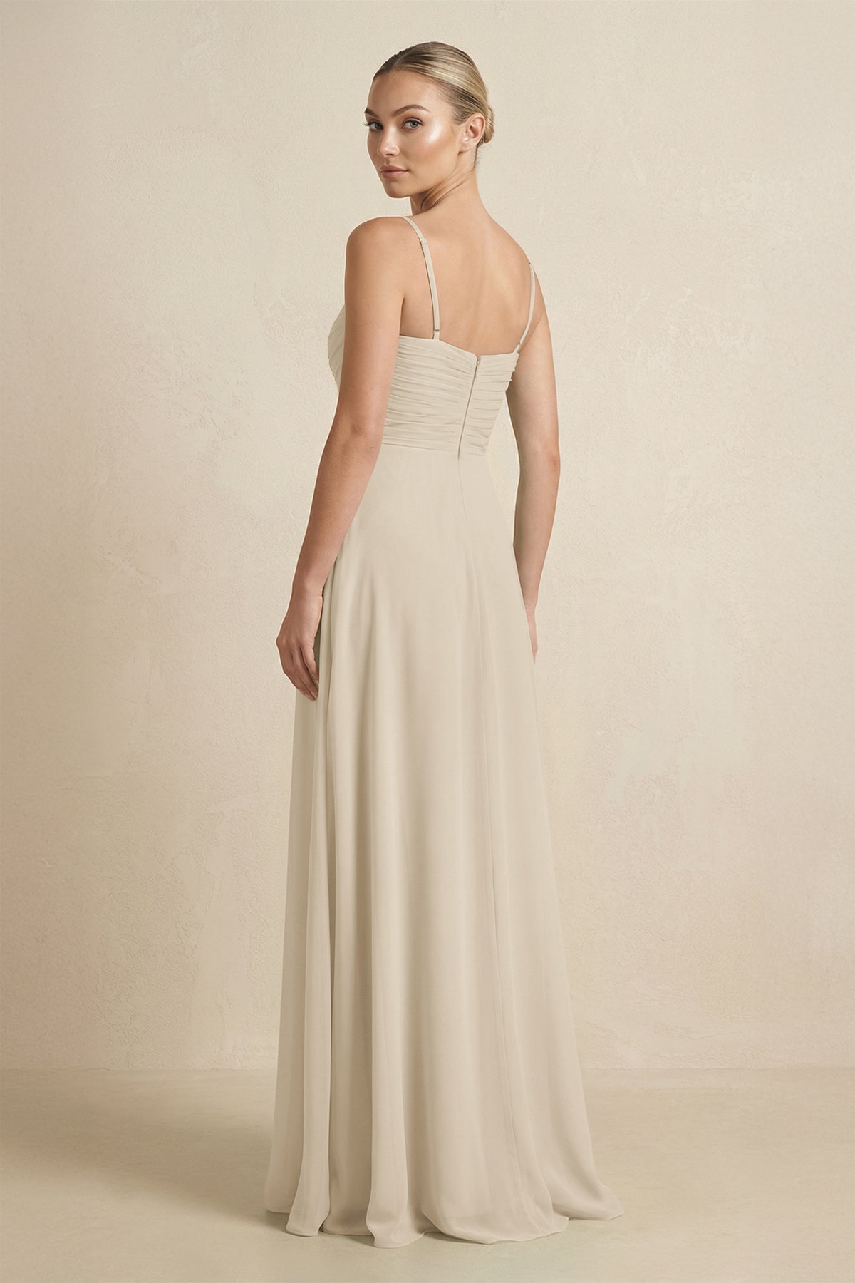 V - Neck A - Line Chiffon Pleated Bridesmaid Dress in Champagne - SHE IS ME Bridesmaid Dresses