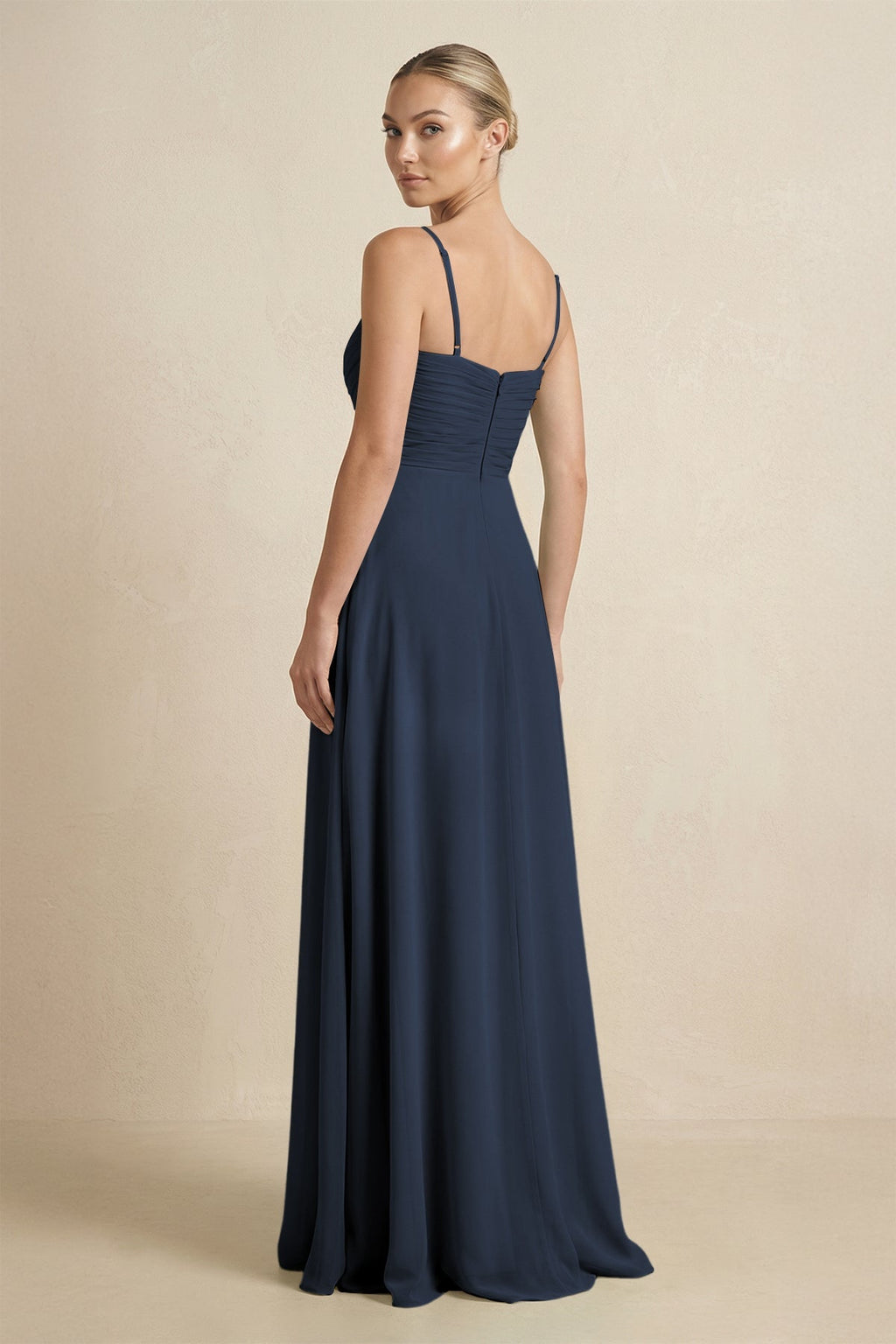V - Neck A - Line Chiffon Pleated Bridesmaid Dress in Dark Navy - SHE IS ME Bridesmaid Dresses