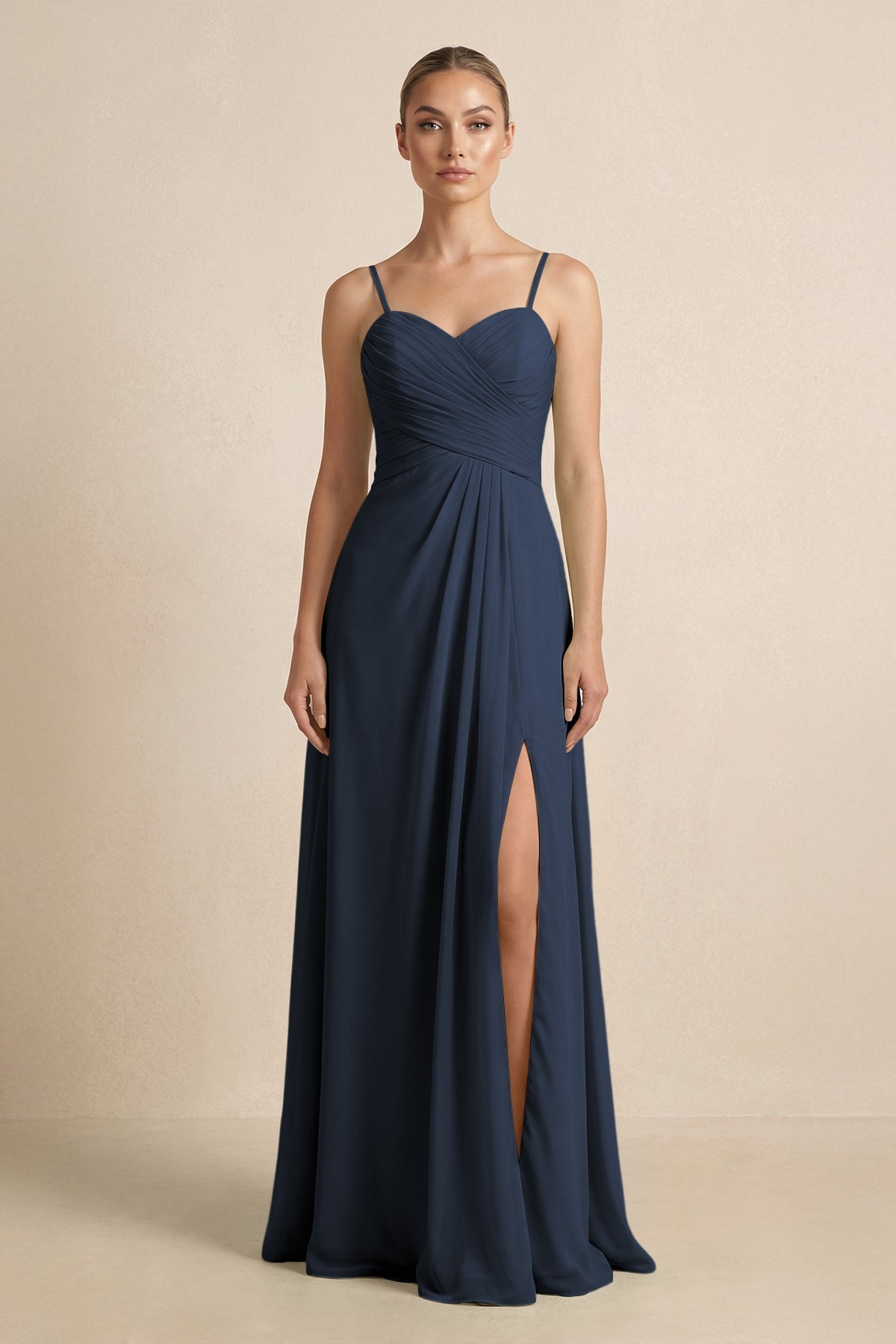 V - Neck A - Line Chiffon Pleated Bridesmaid Dress in Dark Navy - SHE IS ME Bridesmaid Dresses