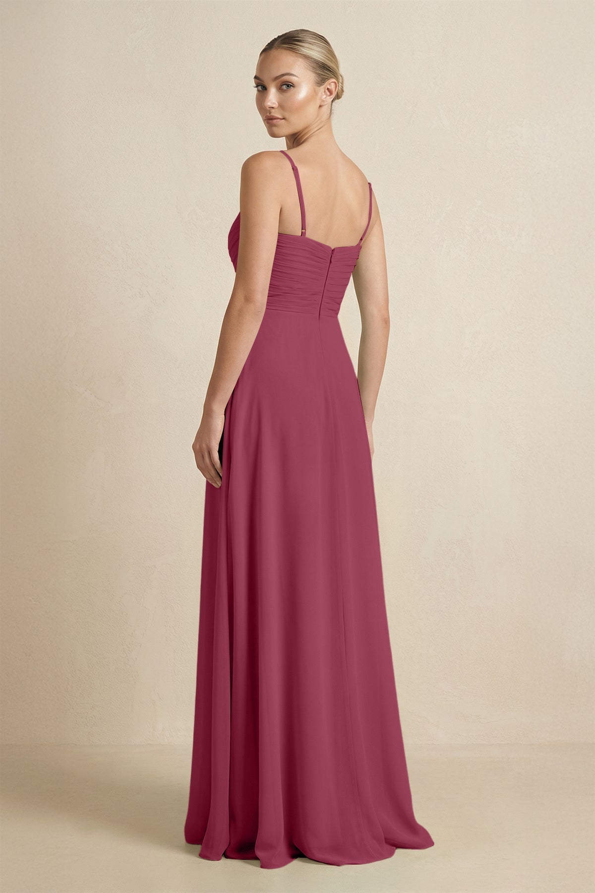 V - Neck A - Line Chiffon Pleated Bridesmaid Dress in Desert Rose - SHE IS ME Bridesmaid Dresses