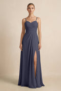 V - Neck A - Line Chiffon Pleated Bridesmaid Dress in Dusk Blue - SHE IS ME Bridesmaid Dresses
