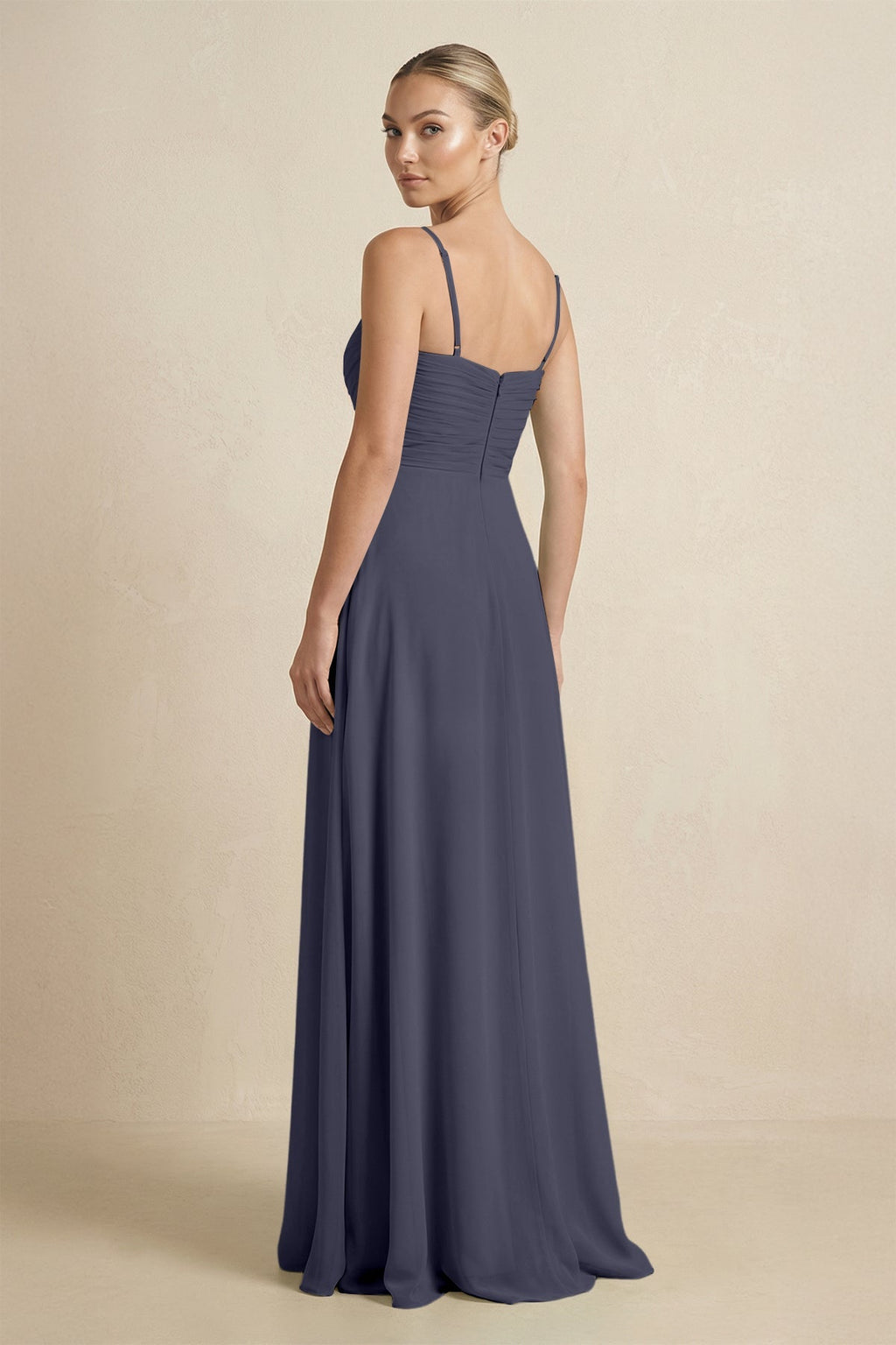 V - Neck A - Line Chiffon Pleated Bridesmaid Dress in Dusk Blue - SHE IS ME Bridesmaid Dresses