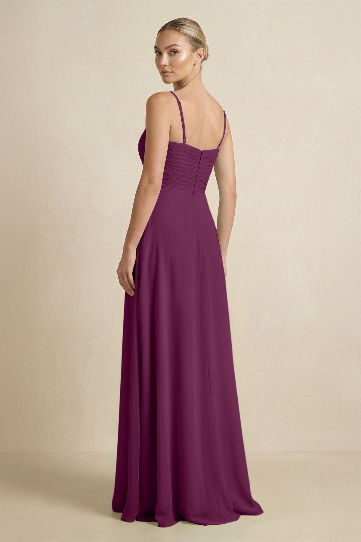 V - Neck A - Line Chiffon Pleated Bridesmaid Dress in Fig - SHE IS ME Bridesmaid Dresses