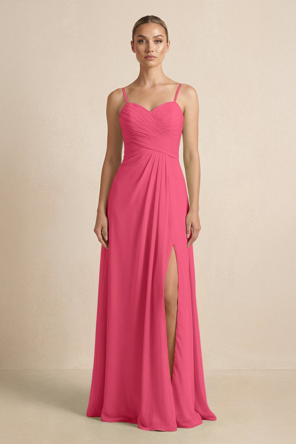V - Neck A - Line Chiffon Pleated Bridesmaid Dress in Fuchsia - SHE IS ME Bridesmaid Dresses