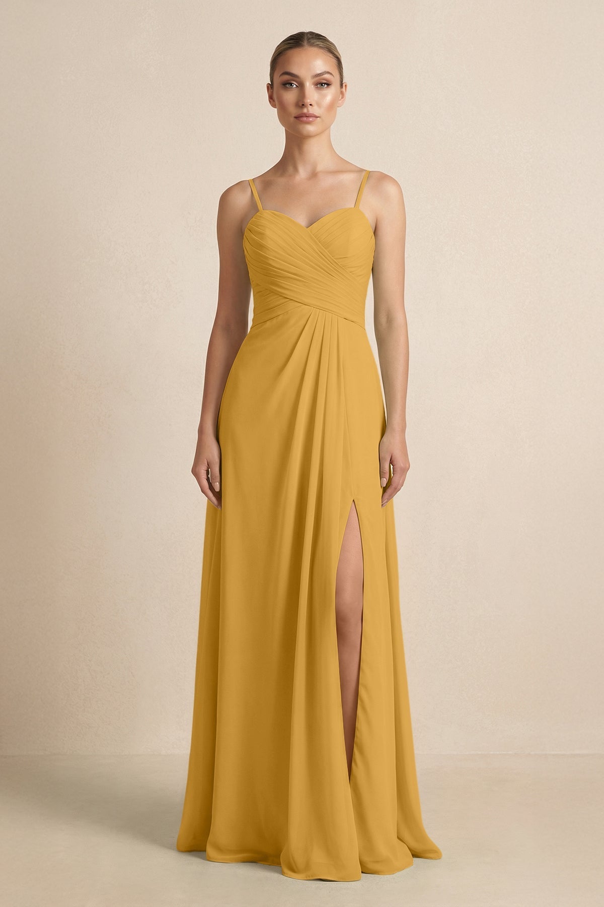 V - Neck A - Line Chiffon Pleated Bridesmaid Dress in Marigold - SHE IS ME Bridesmaid Dresses