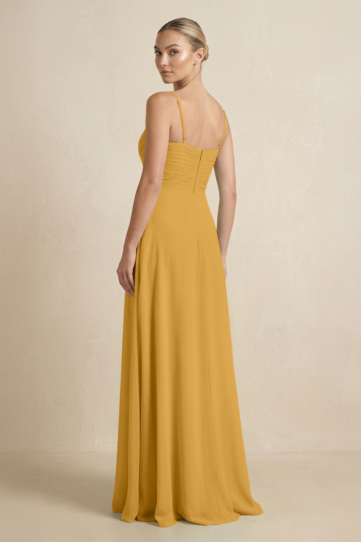 V - Neck A - Line Chiffon Pleated Bridesmaid Dress in Marigold - SHE IS ME Bridesmaid Dresses