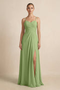 V - Neck A - Line Chiffon Pleated Bridesmaid Dress in Matcha - SHE IS ME Bridesmaid Dresses