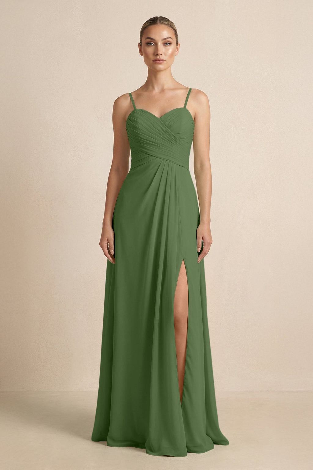 V - Neck A - Line Chiffon Pleated Bridesmaid Dress in Moss - SHE IS ME Bridesmaid Dresses
