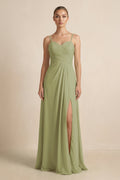 V - Neck A - Line Chiffon Pleated Bridesmaid Dress in Moss Green - SHE IS ME Bridesmaid Dresses