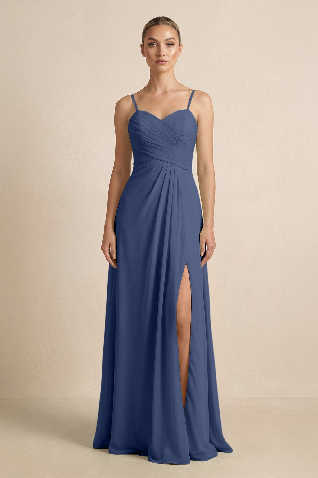 V - Neck A - Line Chiffon Pleated Bridesmaid Dress in Navy - SHE IS ME Bridesmaid Dresses