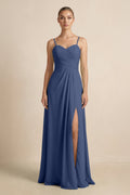 V - Neck A - Line Chiffon Pleated Bridesmaid Dress in Navy - SHE IS ME Bridesmaid Dresses