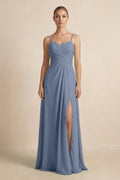 V - Neck A - Line Chiffon Pleated Bridesmaid Dress in Neptune - SHE IS ME Bridesmaid Dresses
