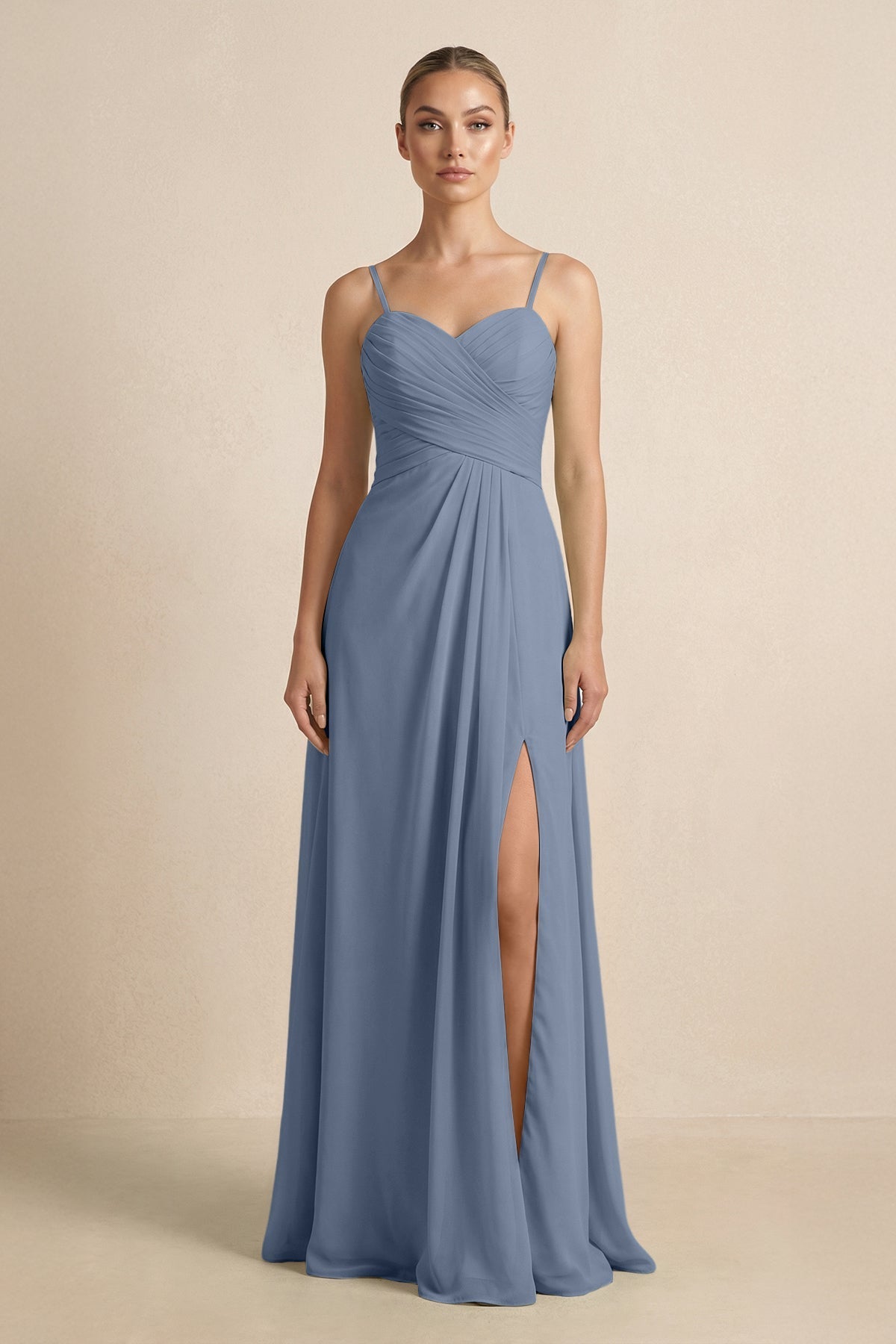 V - Neck A - Line Chiffon Pleated Bridesmaid Dress in Neptune - SHE IS ME Bridesmaid Dresses
