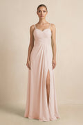 V - Neck A - Line Chiffon Pleated Bridesmaid Dress in Pale Blush - SHE IS ME Bridesmaid Dresses