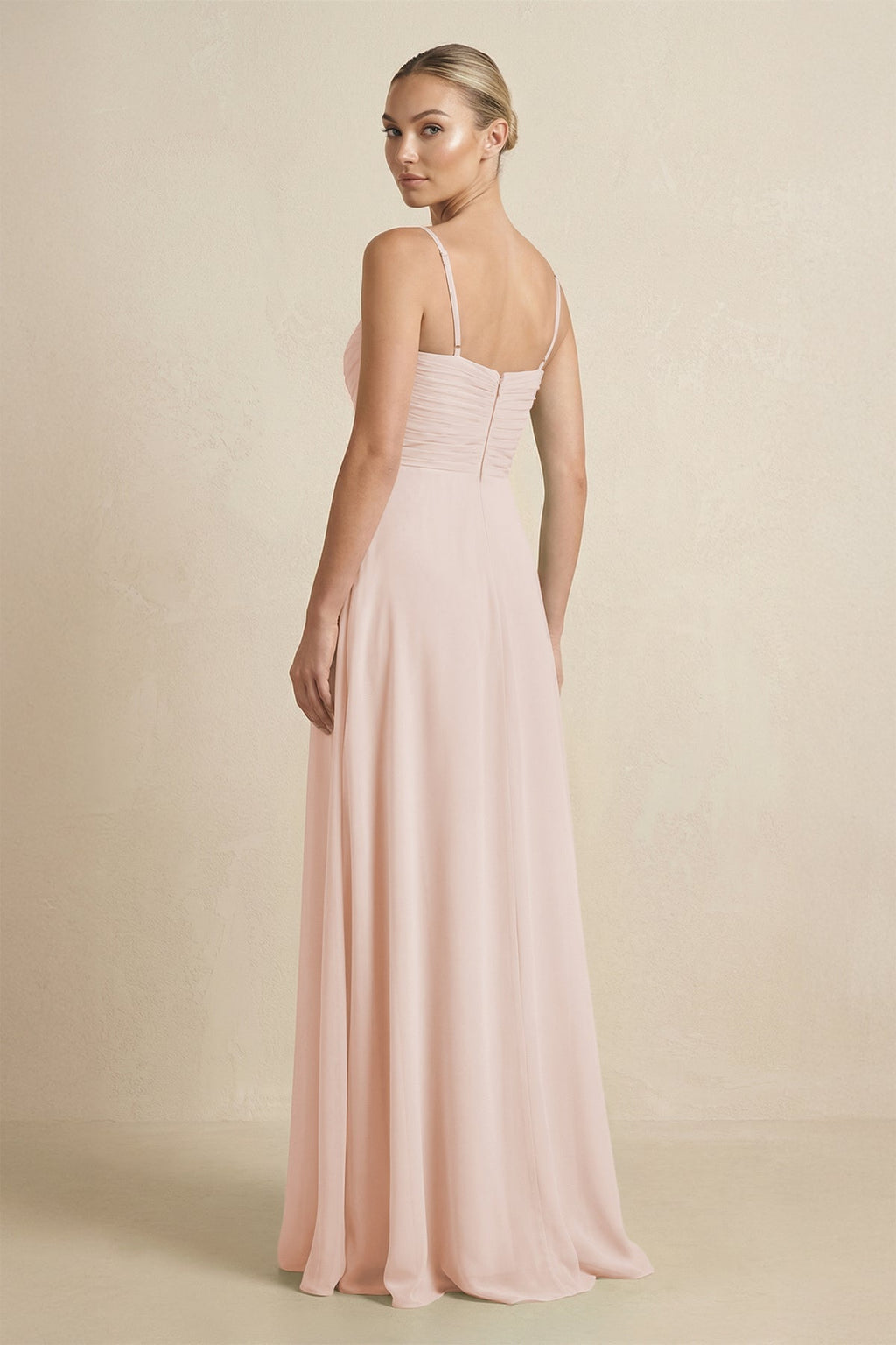 V - Neck A - Line Chiffon Pleated Bridesmaid Dress in Pale Blush - SHE IS ME Bridesmaid Dresses