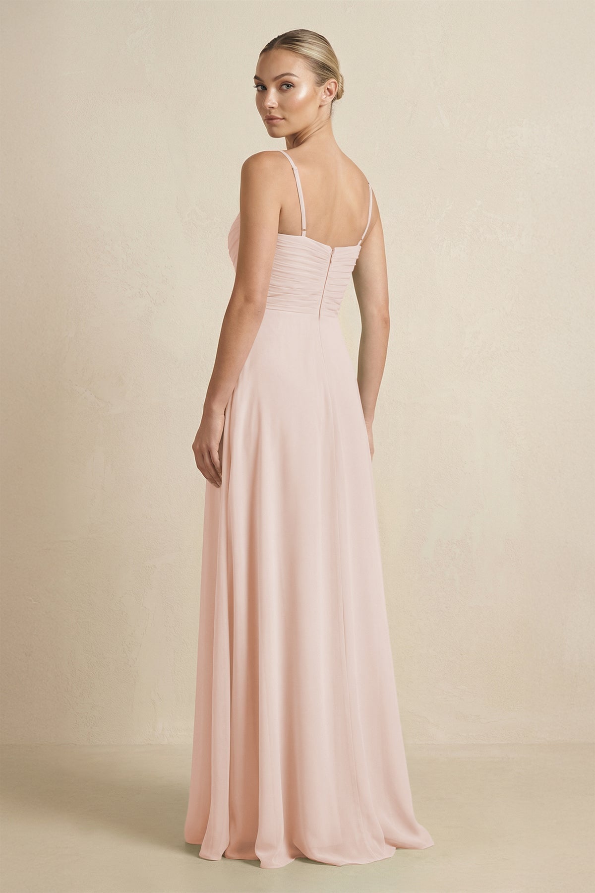 V - Neck A - Line Chiffon Pleated Bridesmaid Dress in Pale Blush - SHE IS ME Bridesmaid Dresses