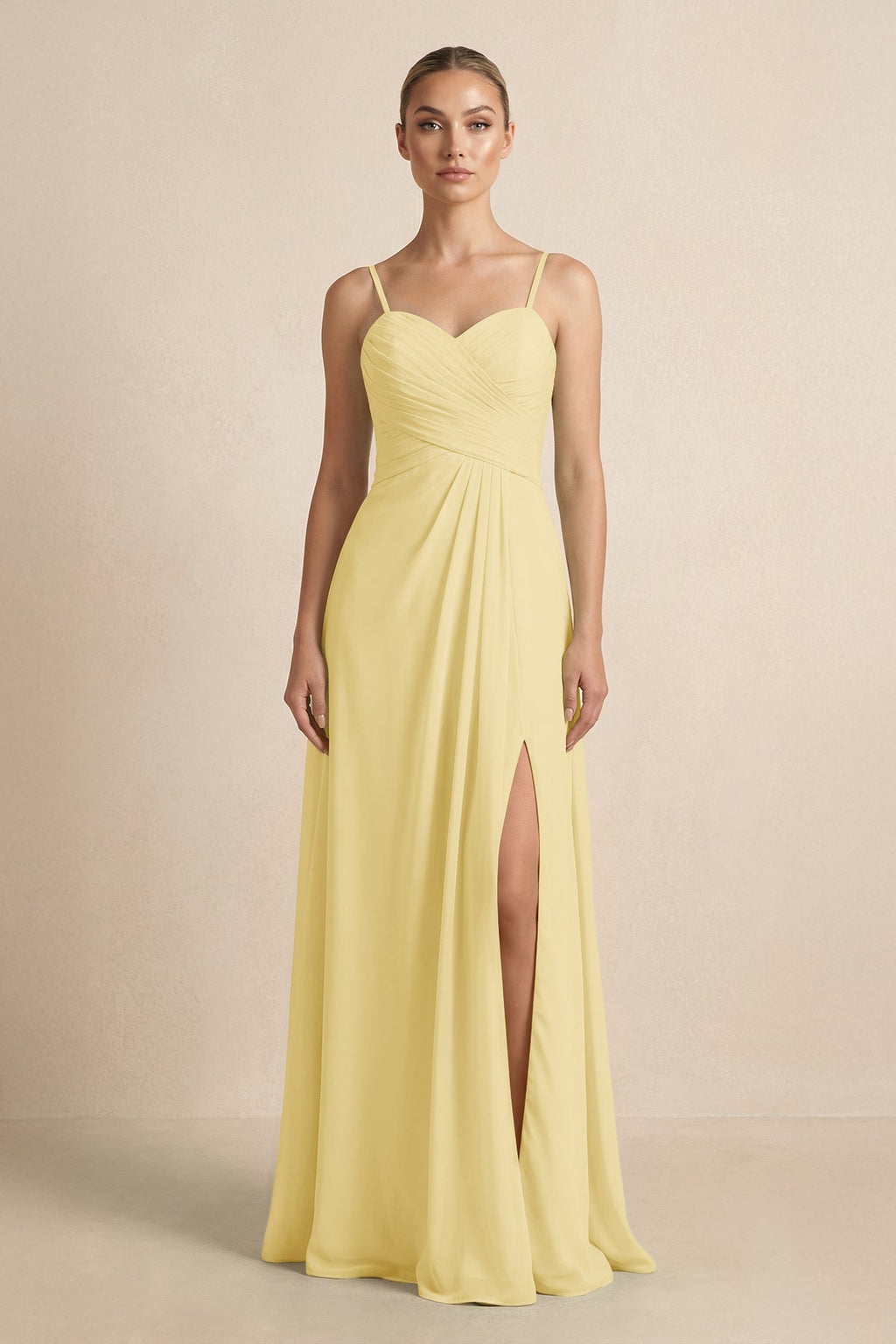 V - Neck A - Line Chiffon Pleated Bridesmaid Dress in Pastel Yellow - SHE IS ME Bridesmaid Dresses