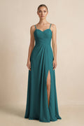 V - Neck A - Line Chiffon Pleated Bridesmaid Dress in Pine - SHE IS ME Bridesmaid Dresses