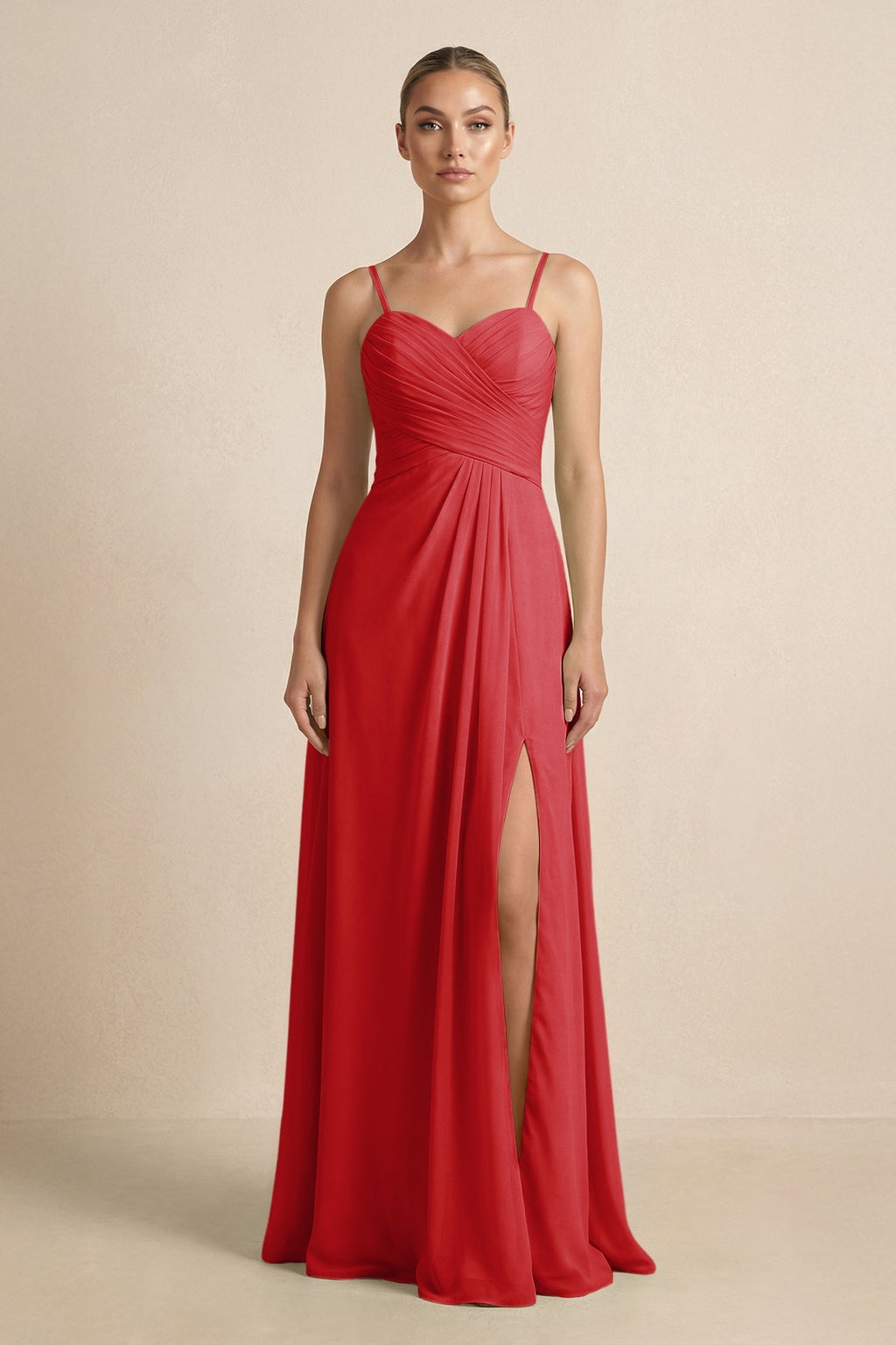 V - Neck A - Line Chiffon Pleated Bridesmaid Dress in Ruby Red - SHE IS ME Bridesmaid Dresses