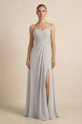 V - Neck A - Line Chiffon Pleated Bridesmaid Dress in Silver - SHE IS ME Bridesmaid Dresses