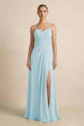 V - Neck A - Line Chiffon Pleated Bridesmaid Dress in Sky Blue - SHE IS ME Bridesmaid Dresses